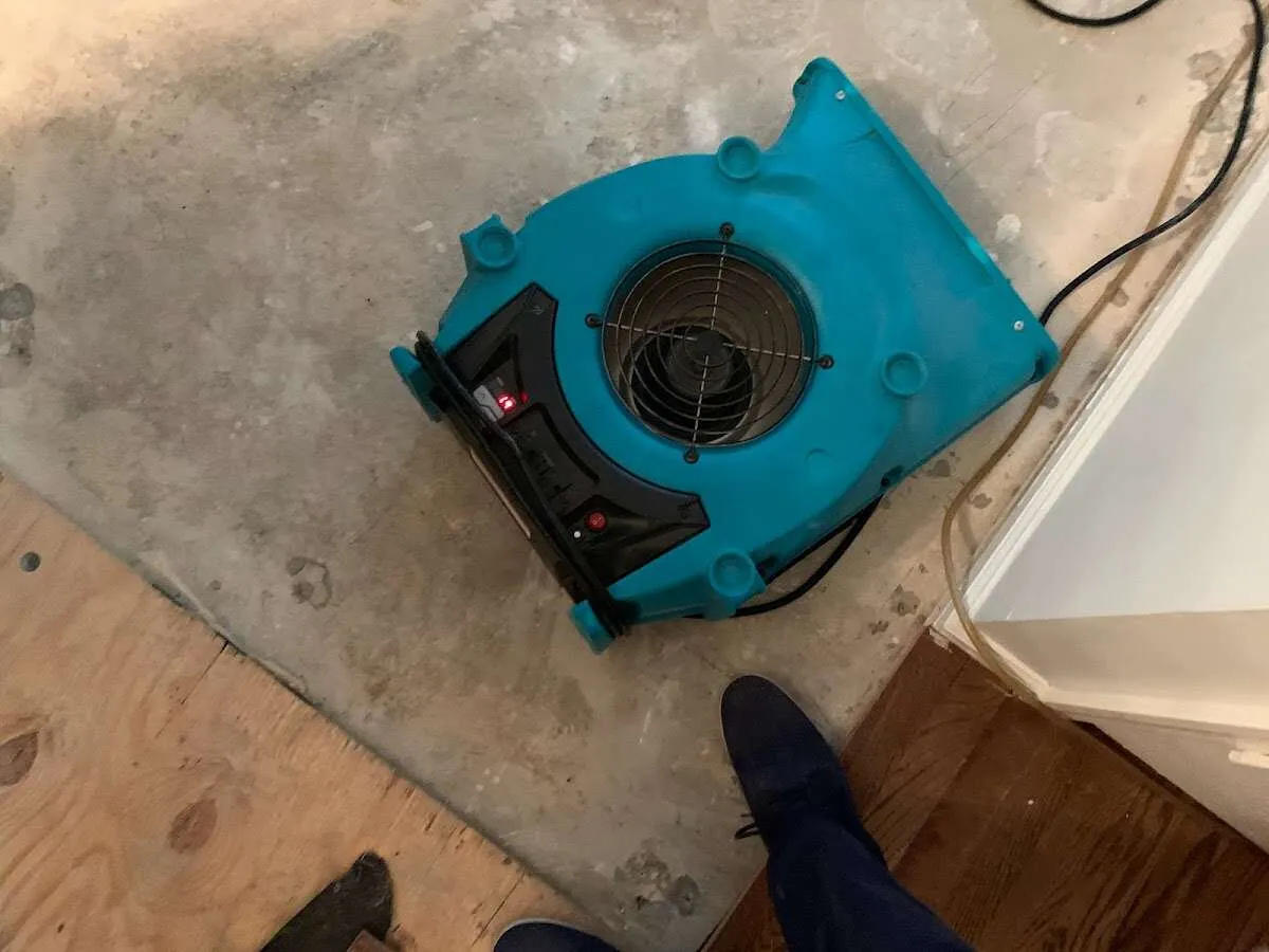 Air mover drying subfloor during Leak Detection & Repair in Wilmington